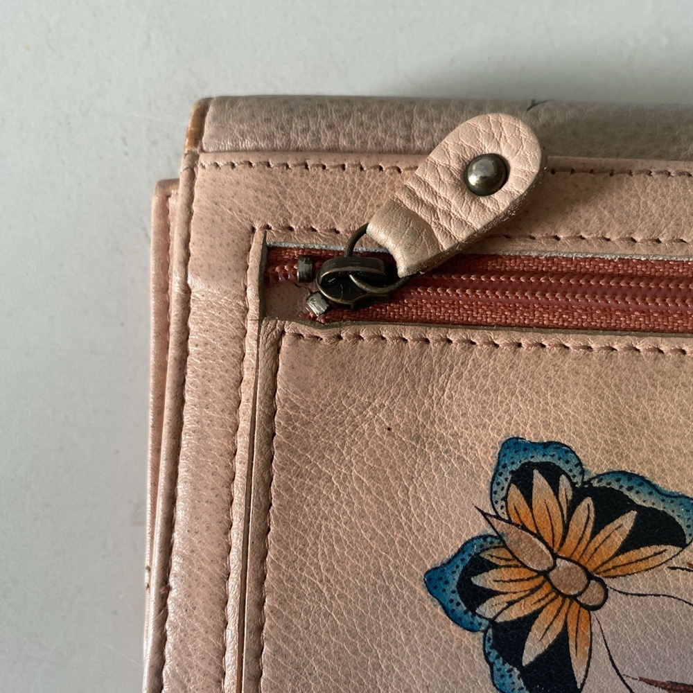 Anuschka Hand Painted Leather Wallet Garden Nature Butterfly Floral Snap Closure - Picture 8 of 16